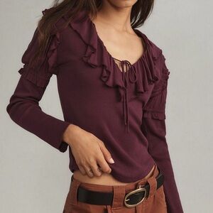 By Anthropologie NWT Long-Sleeve Ruffle Top Ribbed Plum Purple Size Large